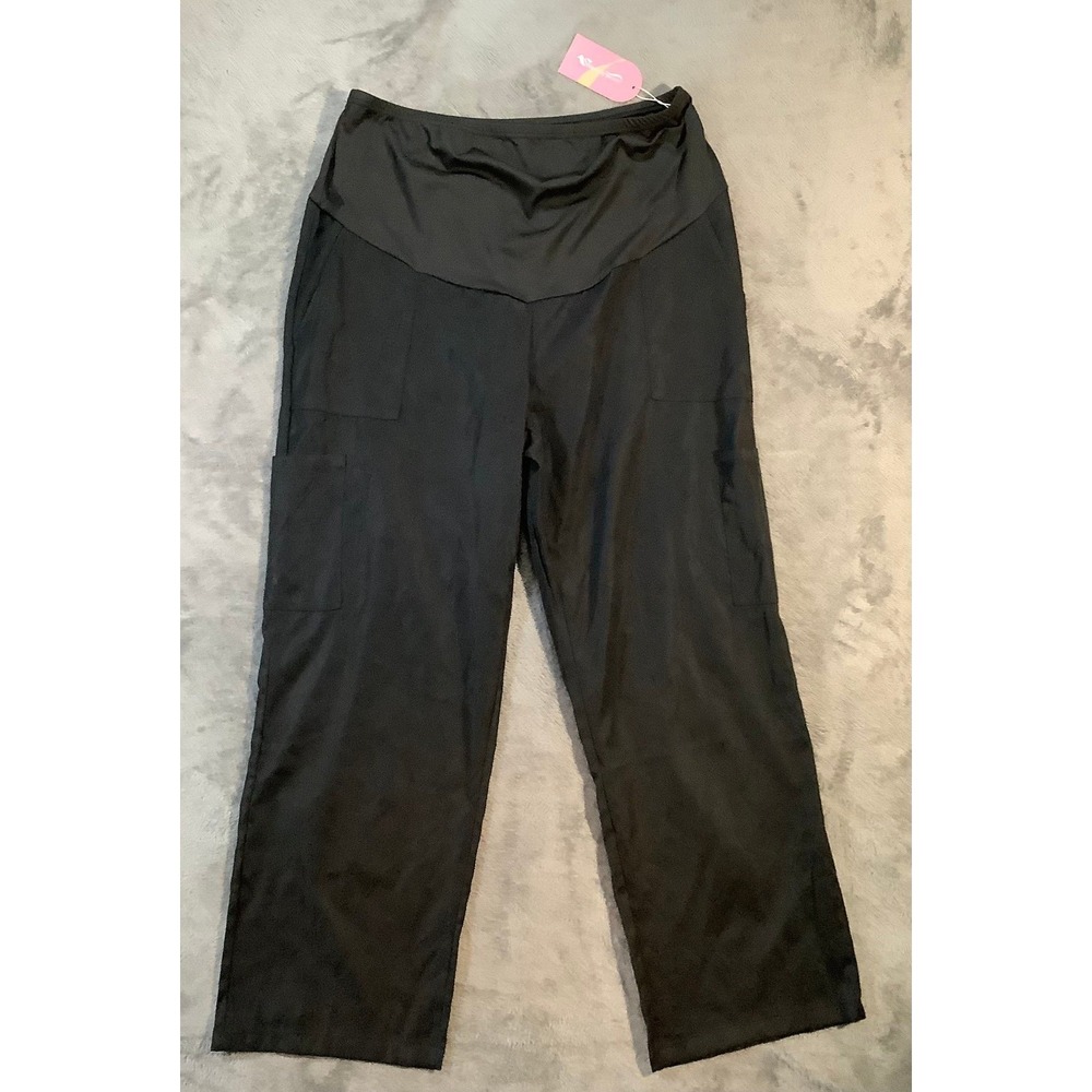 Maternity Women's Black Cargo Pants Size L‎ Wide Elastic Waist 6 Pockets NWT